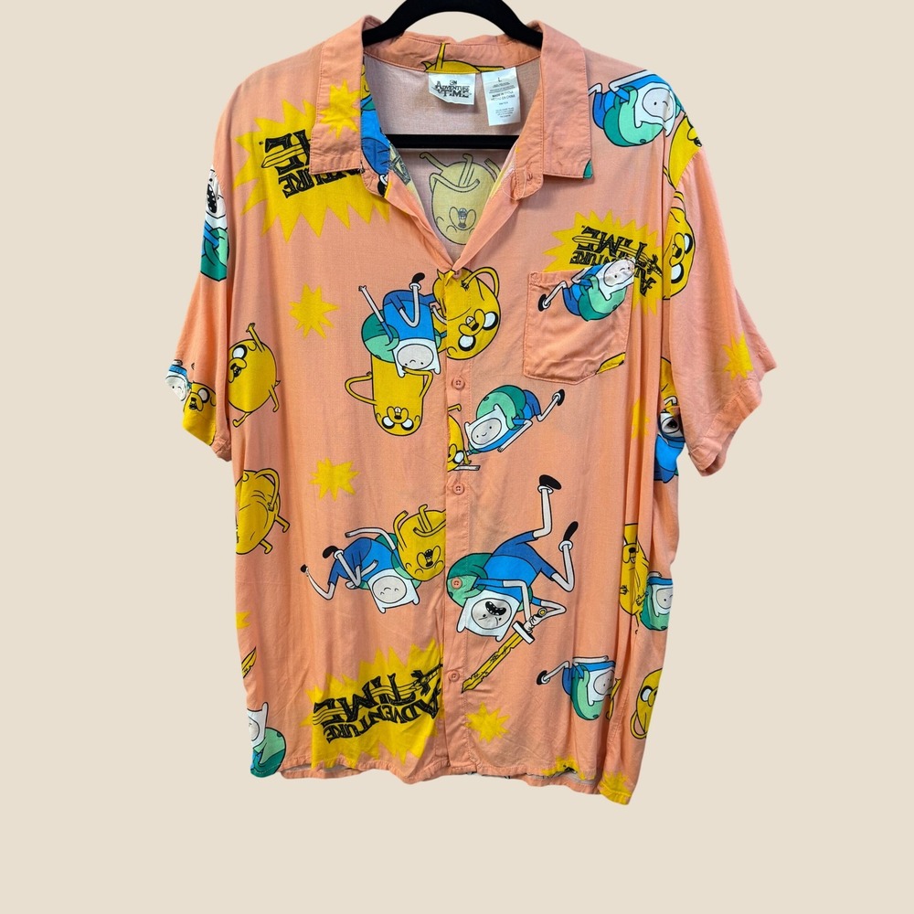 Adventure Time Finn and Jake Rayon Button Down Shirt Mens Large Desert Peach L